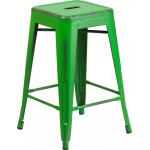 Commercial Grade 24" High Backless Distressed Green Metal Indoor-Outdoor Counter Height Stool