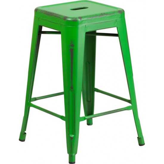 Commercial Grade 24" High Backless Distressed Green Metal Indoor-Outdoor Counter Height Stool