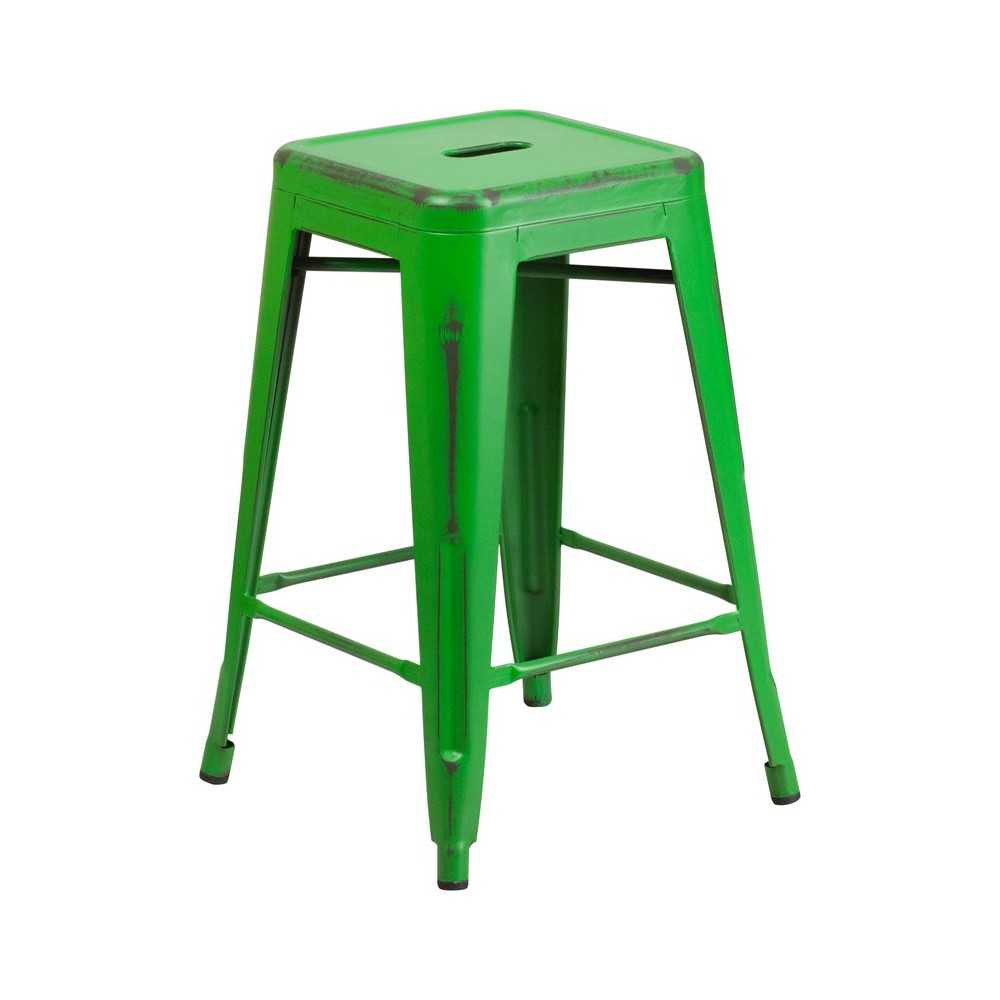 Commercial Grade 24" High Backless Distressed Green Metal Indoor-Outdoor Counter Height Stool