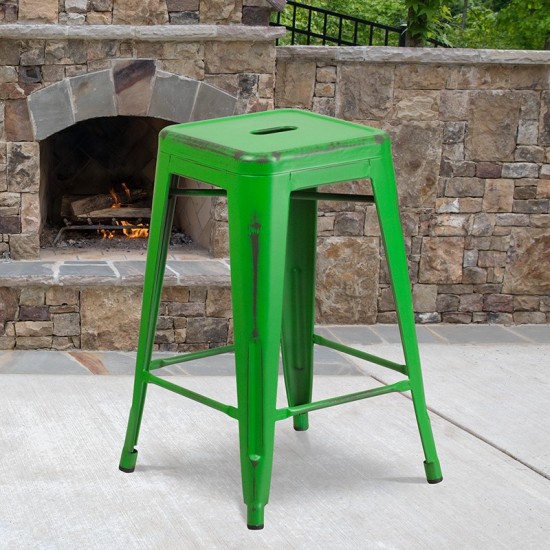 Commercial Grade 24" High Backless Distressed Green Metal Indoor-Outdoor Counter Height Stool