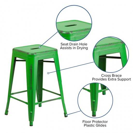 Commercial Grade 24" High Backless Distressed Green Metal Indoor-Outdoor Counter Height Stool