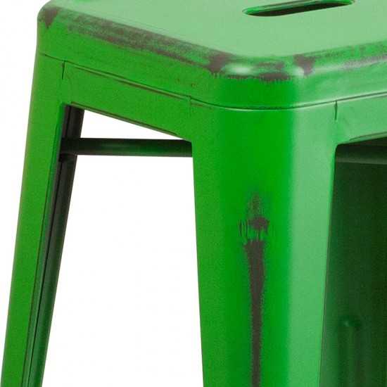 Commercial Grade 24" High Backless Distressed Green Metal Indoor-Outdoor Counter Height Stool