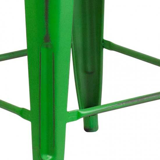 Commercial Grade 24" High Backless Distressed Green Metal Indoor-Outdoor Counter Height Stool