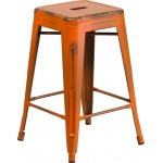 Commercial Grade 24" High Backless Distressed Orange Metal Indoor-Outdoor Counter Height Stool