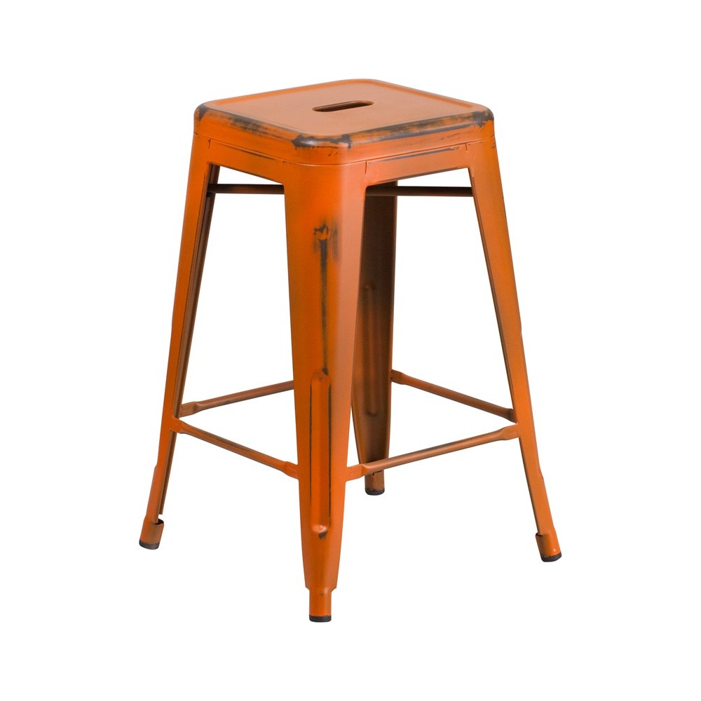 Commercial Grade 24" High Backless Distressed Orange Metal Indoor-Outdoor Counter Height Stool Commercial Grade 24" High Backless Distressed Orange Metal Indoor-Outdoor Counter Height Stool