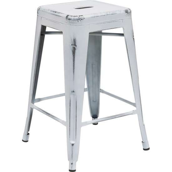 Commercial Grade 24" High Backless Distressed White Metal Indoor-Outdoor Counter Height Stool