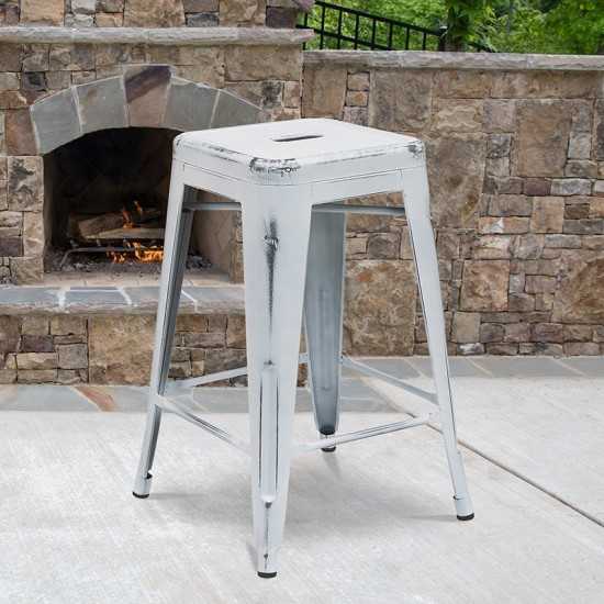 Commercial Grade 24" High Backless Distressed White Metal Indoor-Outdoor Counter Height Stool