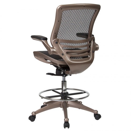 Mid-Back Transparent Black Mesh Drafting Chair with Melrose Gold Frame and Flip-Up Arms
