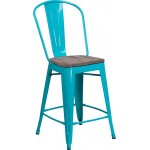 24" High Crystal Teal-Blue Metal Counter Height Stool with Back and Wood Seat