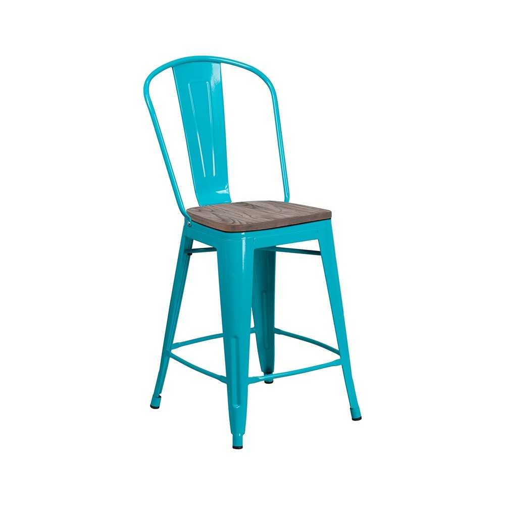 24" High Crystal Teal-Blue Metal Counter Height Stool with Back and Wood Seat