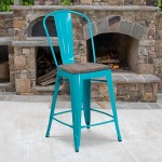 24" High Crystal Teal-Blue Metal Counter Height Stool with Back and Wood Seat