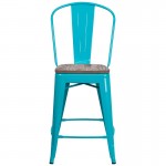 24" High Crystal Teal-Blue Metal Counter Height Stool with Back and Wood Seat