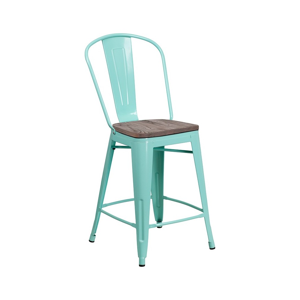 24" High Mint Green Metal Counter Height Stool with Back and Wood Seat 24" High Mint Green Metal Counter Height Stool with Back and Wood Seat