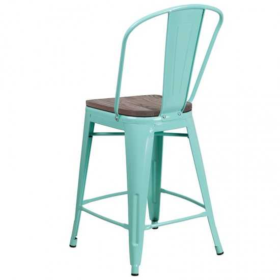 24" High Mint Green Metal Counter Height Stool with Back and Wood Seat