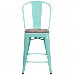 24" High Mint Green Metal Counter Height Stool with Back and Wood Seat