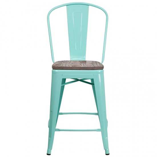 24" High Mint Green Metal Counter Height Stool with Back and Wood Seat