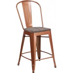 24" High Copper Metal Counter Height Stool with Back and Wood Seat