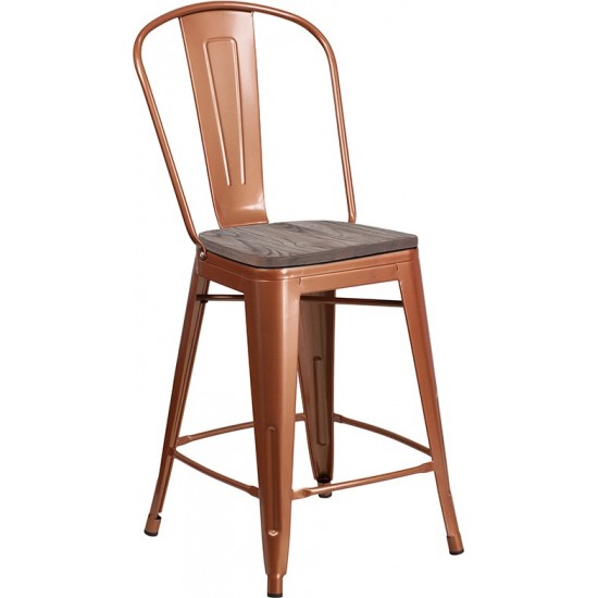 24" High Copper Metal Counter Height Stool with Back and Wood Seat