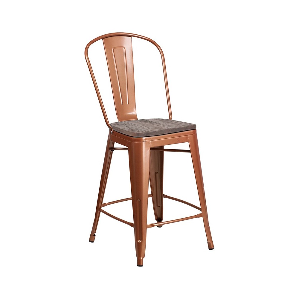24" High Copper Metal Counter Height Stool with Back and Wood Seat 24" High Copper Metal Counter Height Stool with Back and Wood Seat
