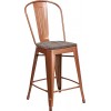 24" High Copper Metal Counter Height Stool with Back and Wood Seat