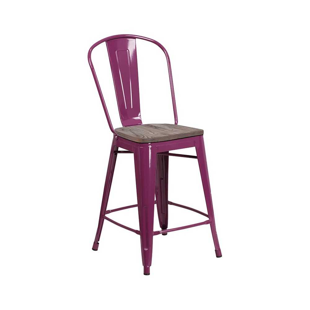 24" High Purple Metal Counter Height Stool with Back and Wood Seat