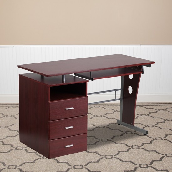 Mahogany Desk with Three Drawer Pedestal and Pull-Out Keyboard Tray