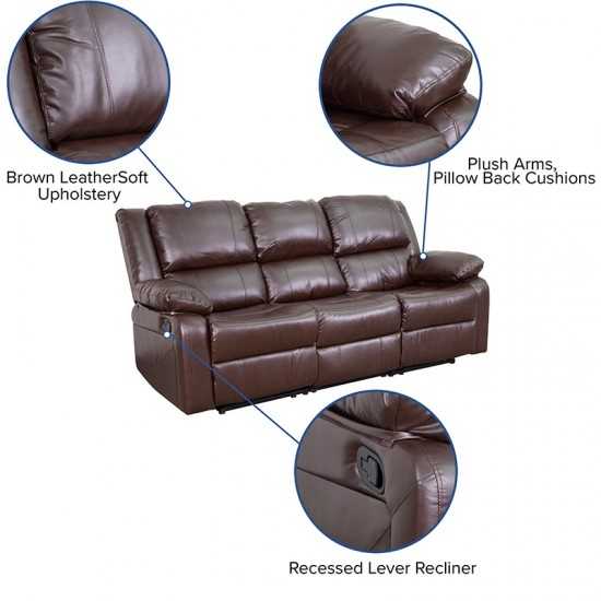 Harmony Series Brown LeatherSoft Sofa with Two Built-In Recliners