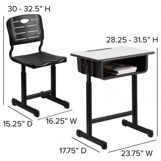 Adjustable Height Student Desk and Chair with Black Pedestal Frame