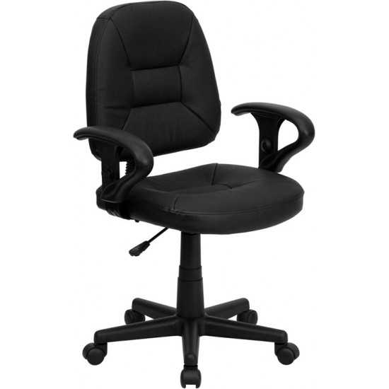 Mid-Back Black Leather Swivel Ergonomic Task Office Chair with Adjustable Arms