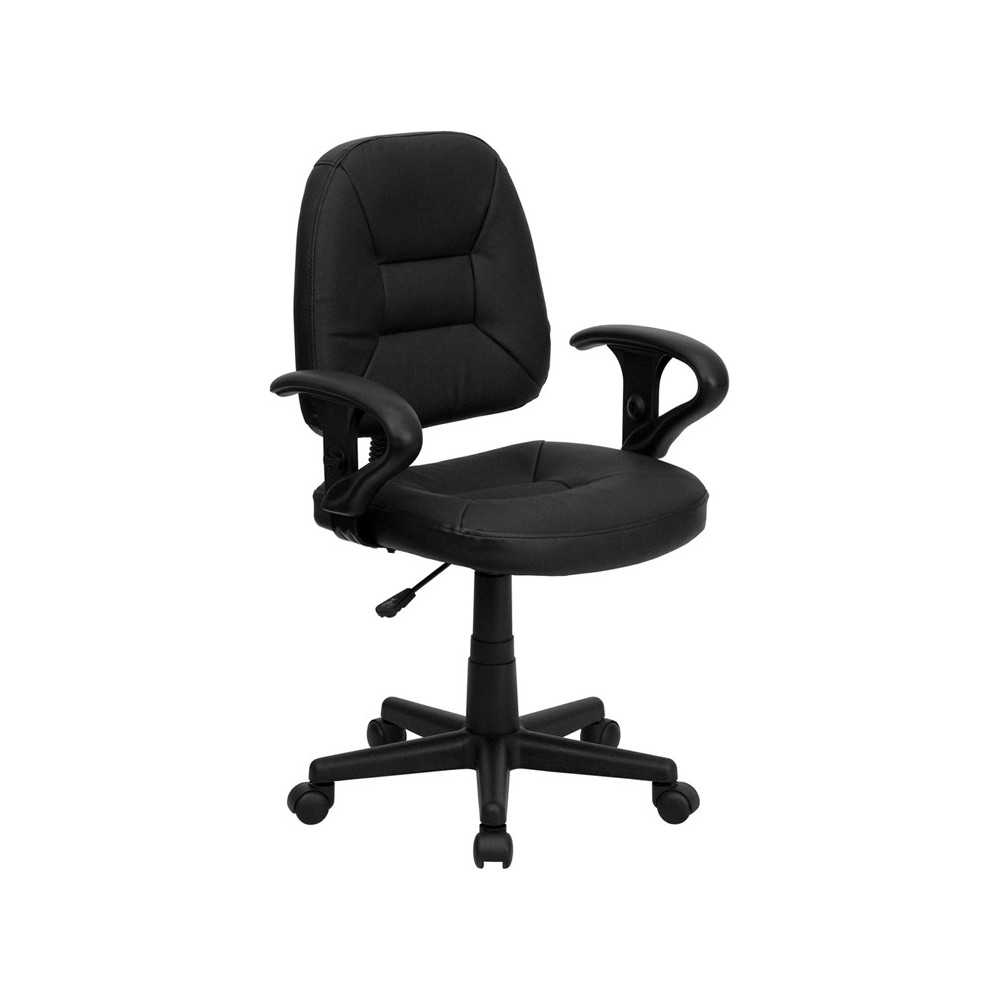 Mid-Back Black Leather Swivel Ergonomic Task Office Chair with Adjustable Arms