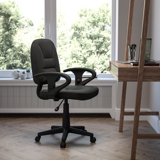 Mid-Back Black Leather Swivel Ergonomic Task Office Chair with Adjustable Arms