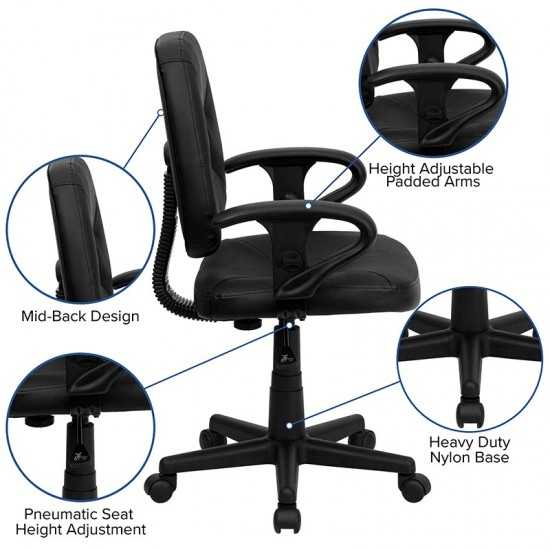 Mid-Back Black Leather Swivel Ergonomic Task Office Chair with Adjustable Arms