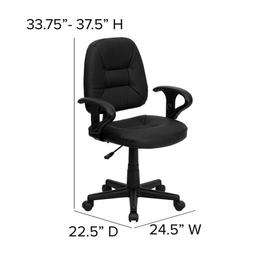 Mid-Back Black Leather Swivel Ergonomic Task Office Chair with Adjustable Arms