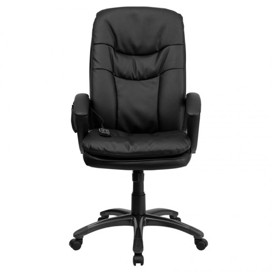 High Back Ergonomic Massaging Black LeatherSoft Executive Swivel Office Chair with Remote Pocket and Arms
