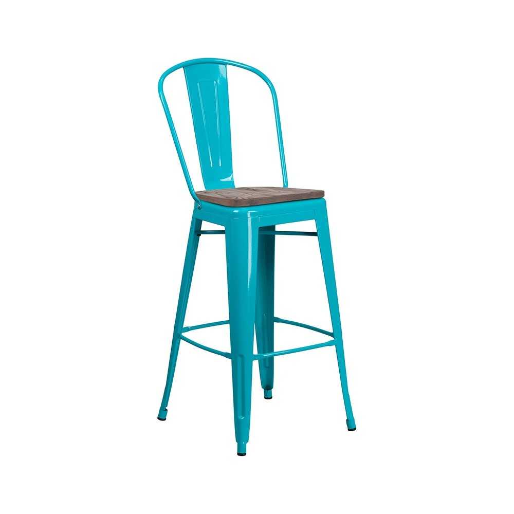 30" High Crystal Teal-Blue Metal Barstool with Back and Wood Seat 30" High Crystal Teal-Blue Metal Barstool with Back and Wood Seat