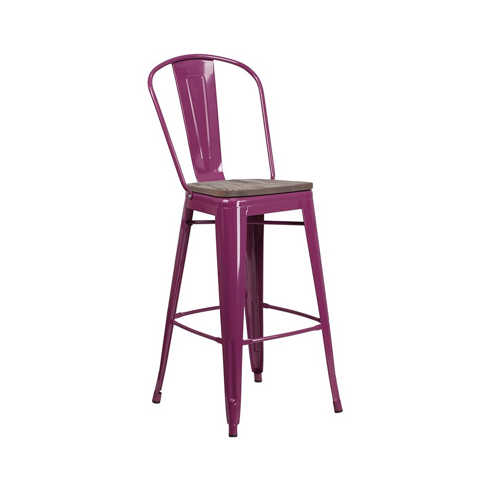 30" High Purple Metal Barstool with Back and Wood Seat 30" High Purple Metal Barstool with Back and Wood Seat