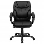 Mid-Back Black LeatherSoft Overstuffed Swivel Task Ergonomic Office Chair with Arms