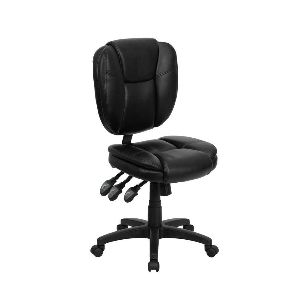 Mid-Back Black LeatherSoft Multifunction Swivel Ergonomic Task Office Chair with Pillow Top Cushioning