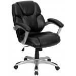 Mid-Back Black LeatherSoft Layered Upholstered Executive Swivel Ergonomic Office Chair with Silver Nylon Base and Arms