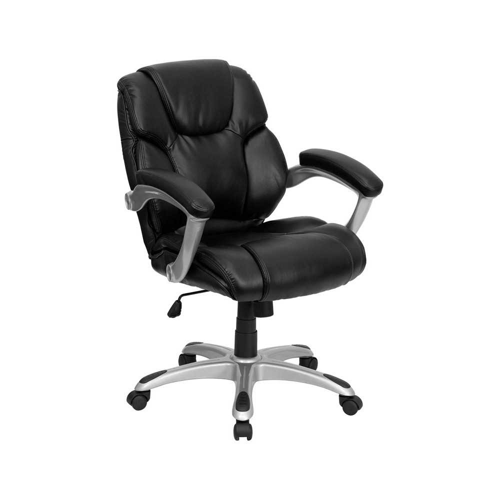 Mid-Back Black LeatherSoft Layered Upholstered Executive Swivel Ergonomic Office Chair with Silver Nylon Base and Arms