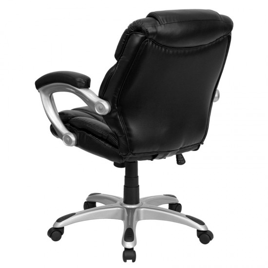 Mid-Back Black LeatherSoft Layered Upholstered Executive Swivel Ergonomic Office Chair with Silver Nylon Base and Arms