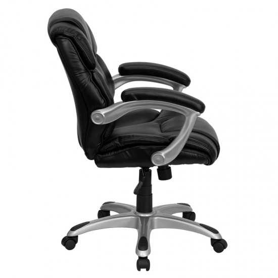 Mid-Back Black LeatherSoft Layered Upholstered Executive Swivel Ergonomic Office Chair with Silver Nylon Base and Arms