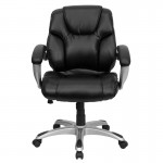 Mid-Back Black LeatherSoft Layered Upholstered Executive Swivel Ergonomic Office Chair with Silver Nylon Base and Arms