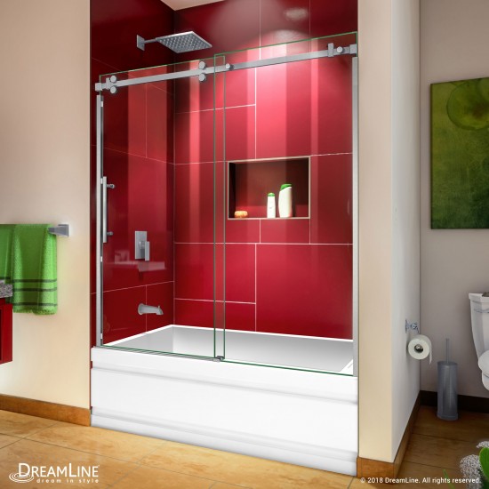 Enigma Sky 56-60 in. W x 62 in. H Frameless Sliding Tub Door in Brushed Stainless Steel