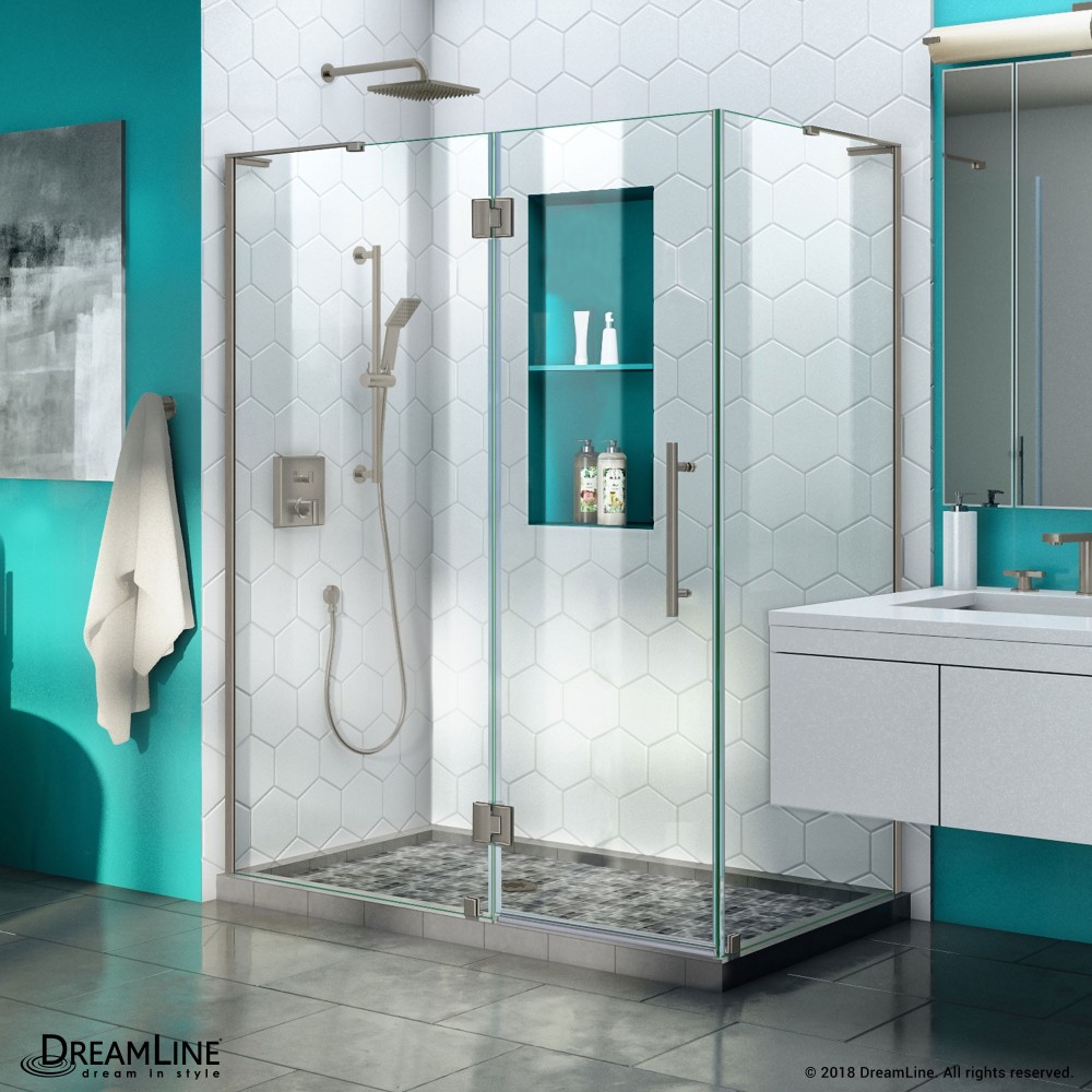 Quatra Plus 34 in. D x 46 in. W x 72 in. H Frameless Hinged Shower Enclosure in Brushed Nickel