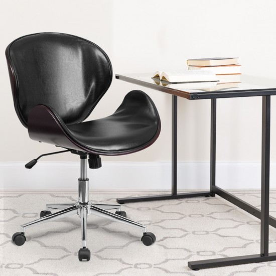 Mid-Back Mahogany Wood Conference Office Chair in Black LeatherSoft