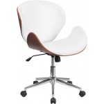 Mid-Back Walnut Wood Conference Office Chair in White LeatherSoft