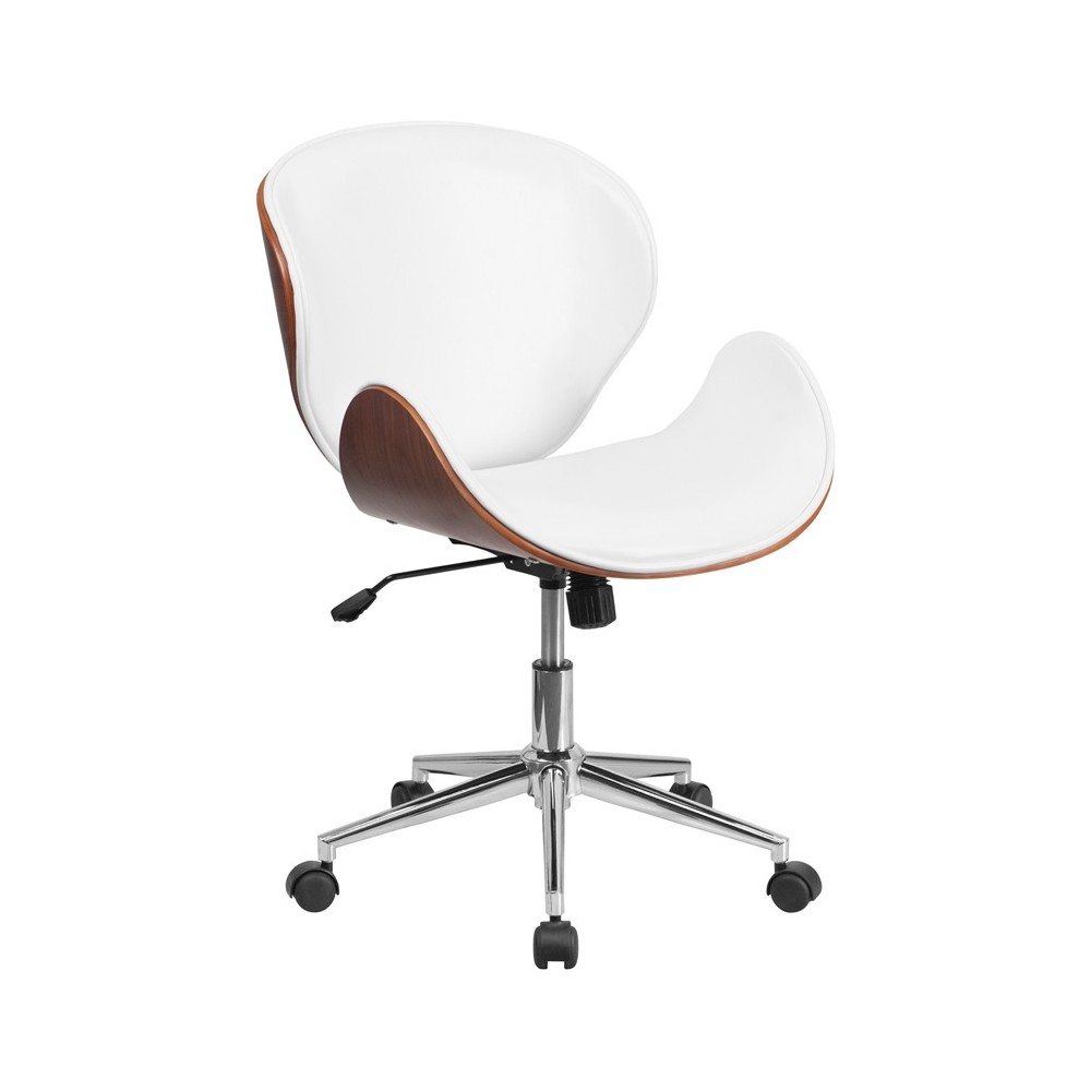 Mid-Back Walnut Wood Conference Office Chair in White LeatherSoft