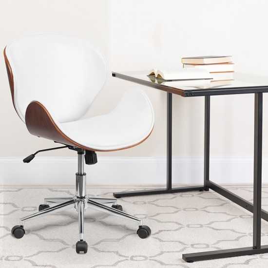 Mid-Back Walnut Wood Conference Office Chair in White LeatherSoft