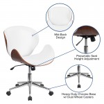 Mid-Back Walnut Wood Conference Office Chair in White LeatherSoft